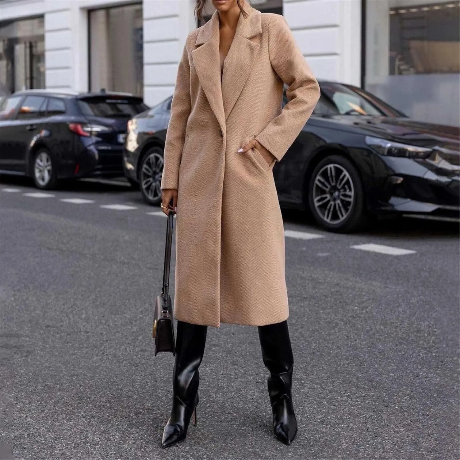 Womens Winter Long Pea Coat Retro Lapel Collar Single Breasted Maxi Long Peacoat Jacket Elegant Office Work Overcoat