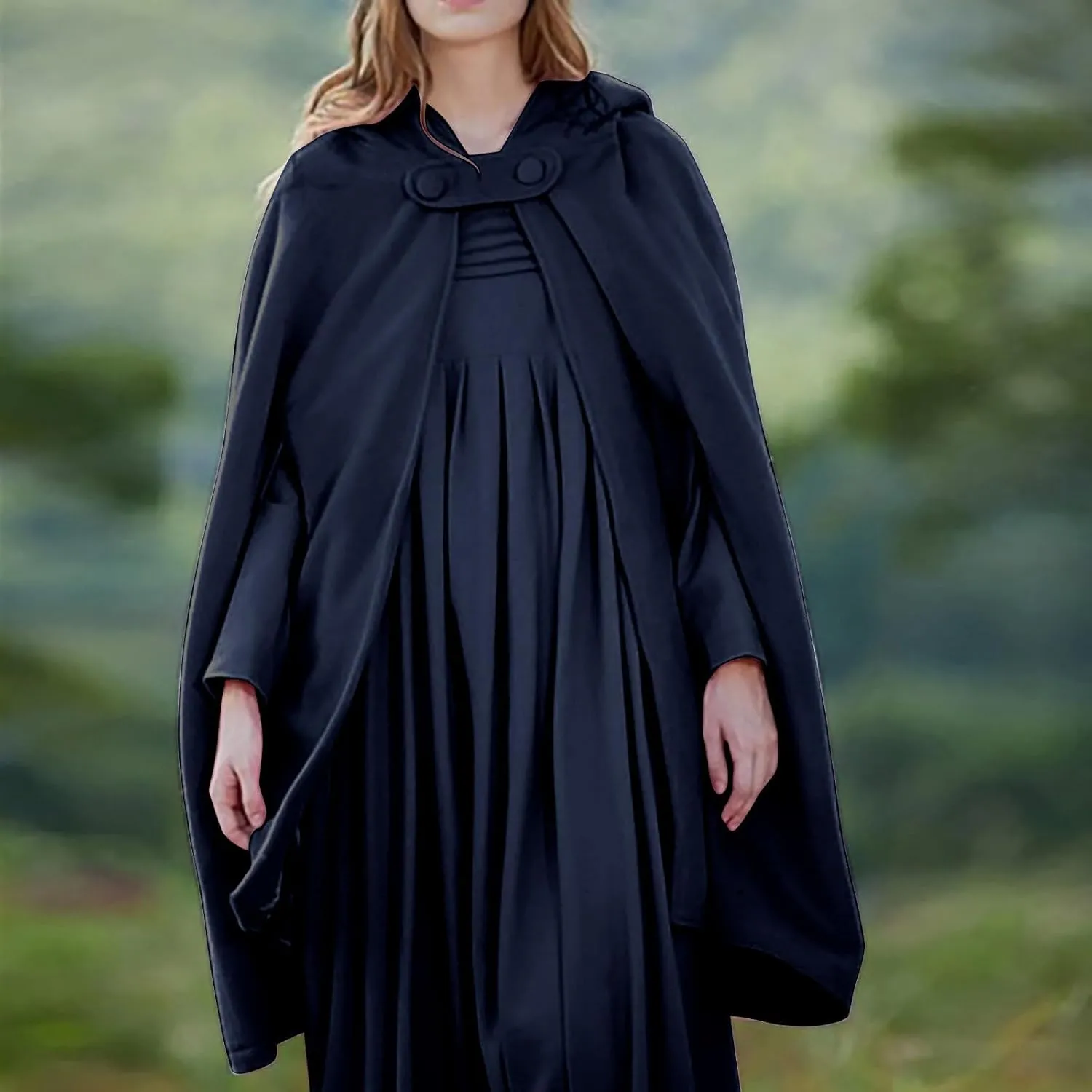 Women's Wool Blend Hooded Cape Mid-Length Cloak Pea Coats Winter Open Front Cardigans Vintage Trench Outwear