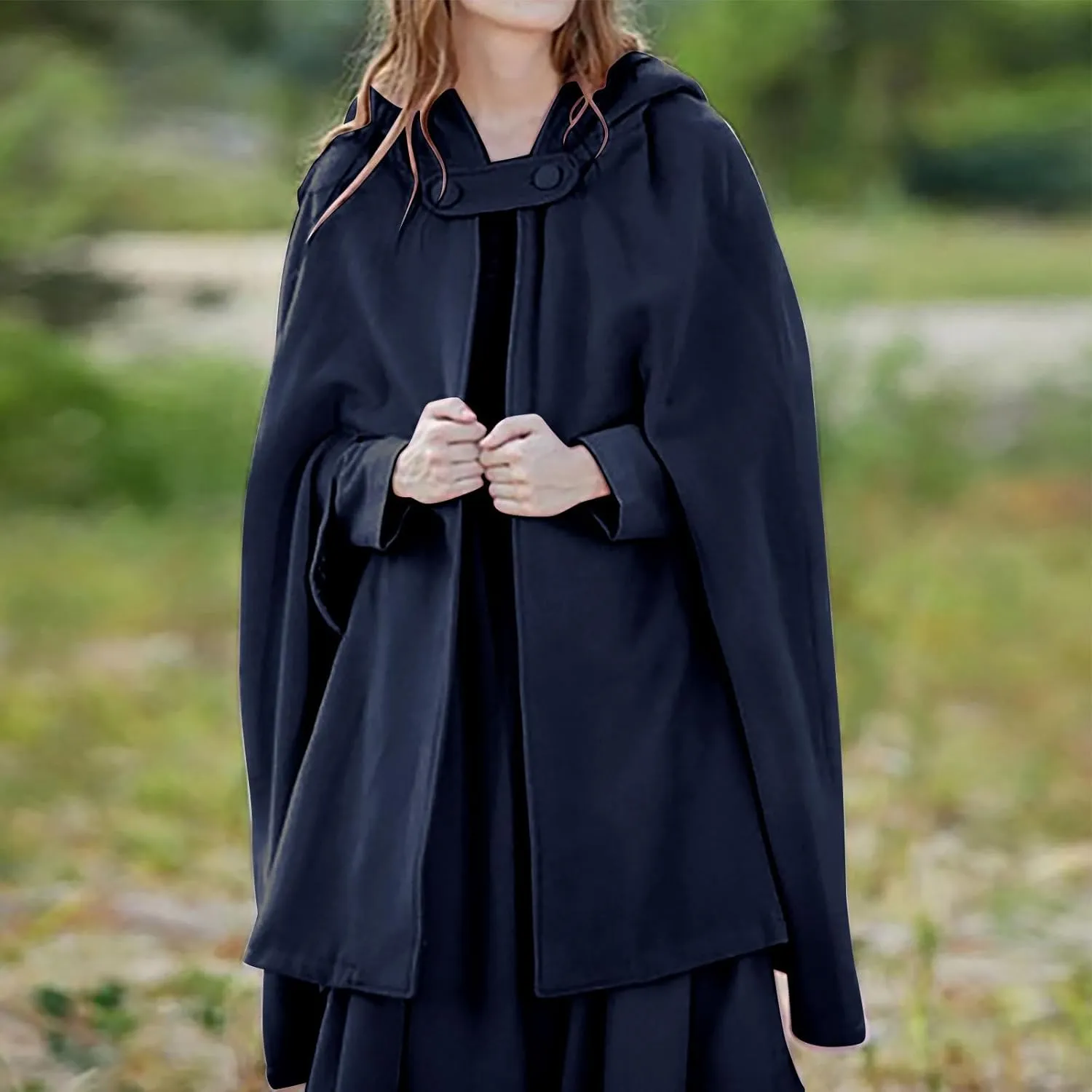 Women's Wool Blend Hooded Cape Mid-Length Cloak Pea Coats Winter Open Front Cardigans Vintage Trench Outwear