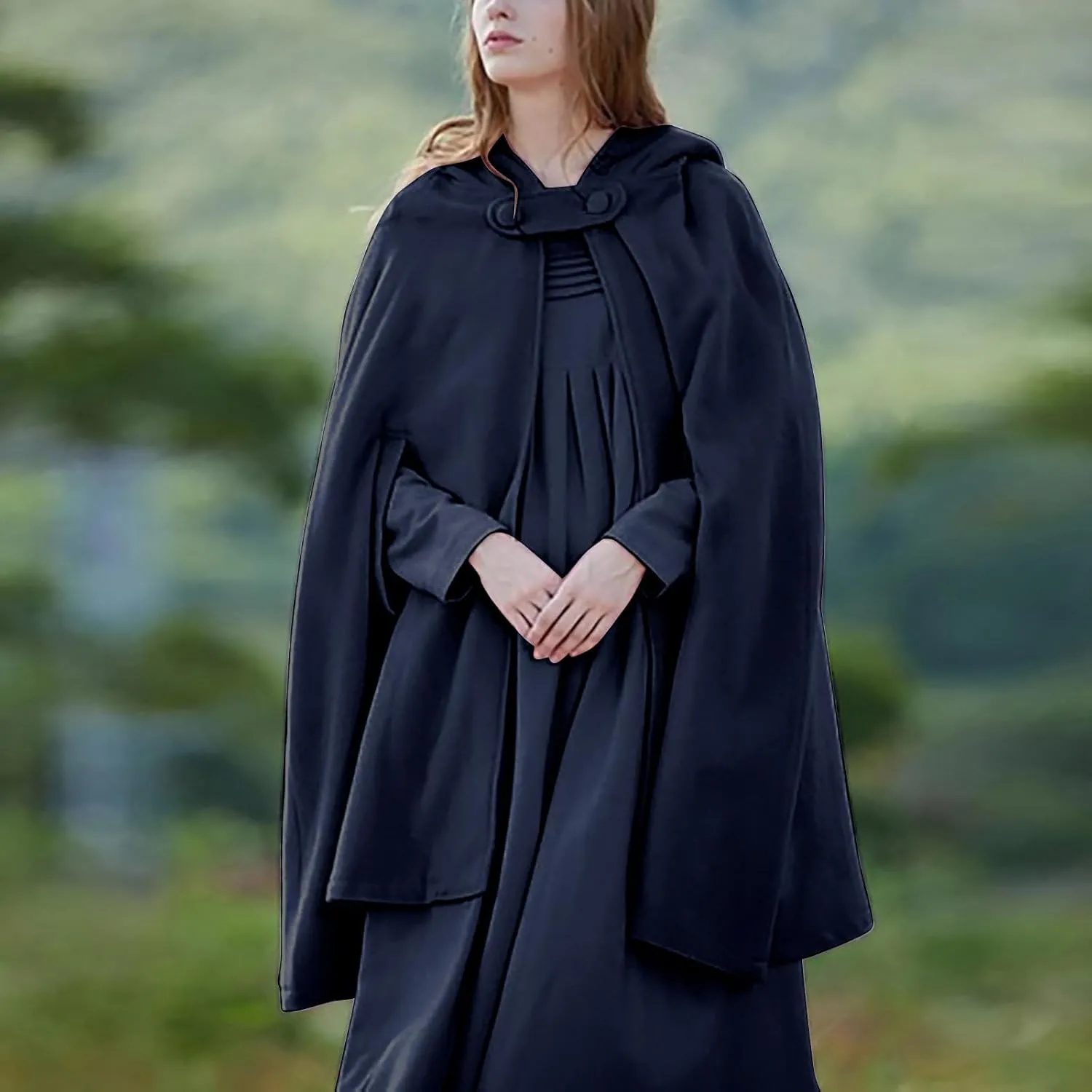 Women's Wool Blend Hooded Cape Mid-Length Cloak Pea Coats Winter Open Front Cardigans Vintage Trench Outwear