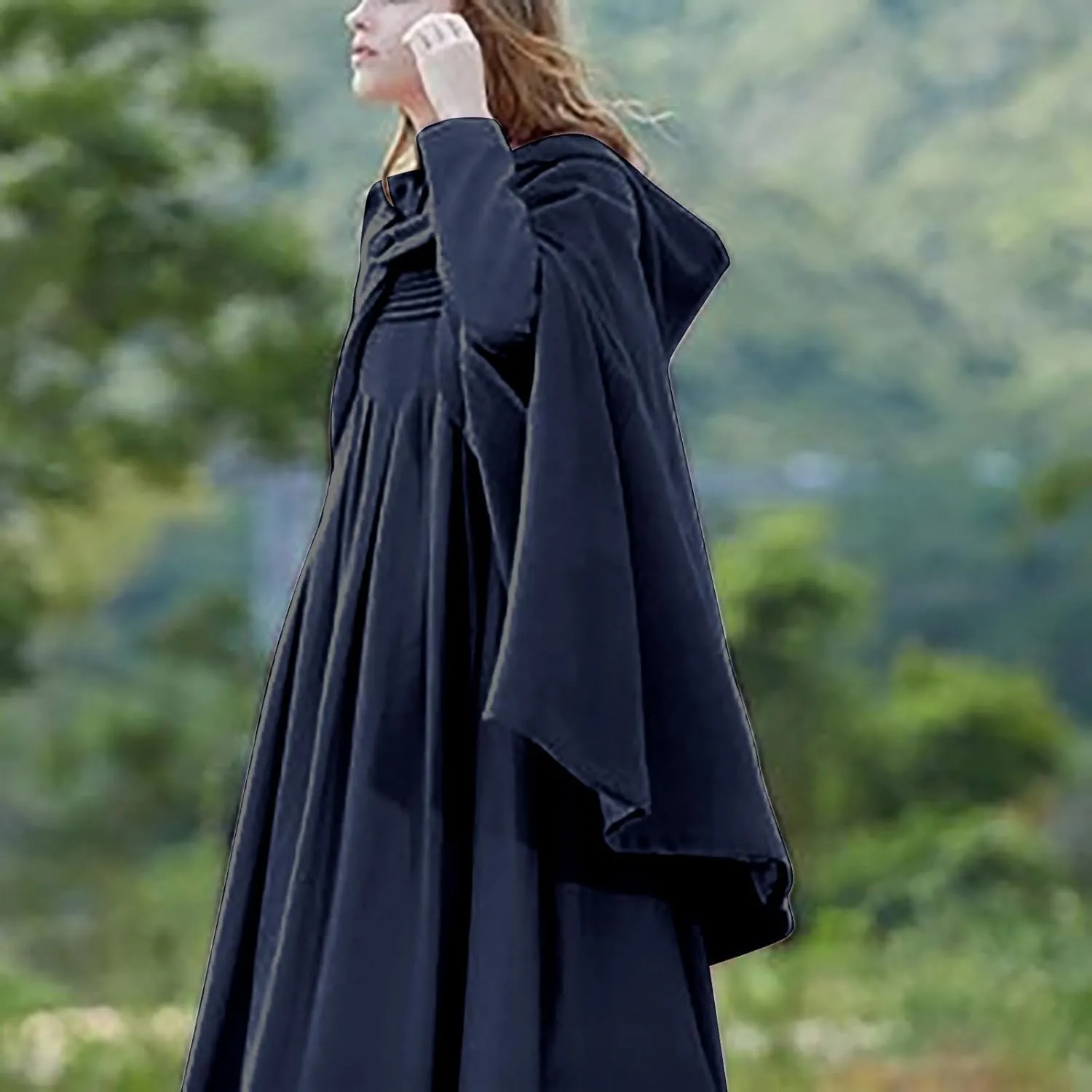Women's Wool Blend Hooded Cape Mid-Length Cloak Pea Coats Winter Open Front Cardigans Vintage Trench Outwear