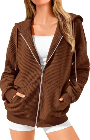 Womens Zip Up Hoodie Oversized Sweatshirt Waffle Knit Clothes Fall Fashion Long Sleeve Jacket With Pockets