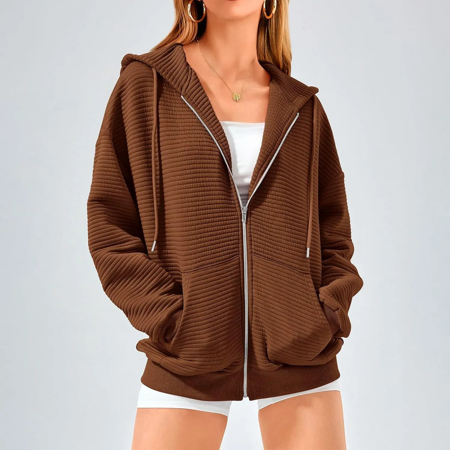 Womens Zip Up Hoodie Oversized Sweatshirt Waffle Knit Clothes Fall Fashion Long Sleeve Jacket With Pockets
