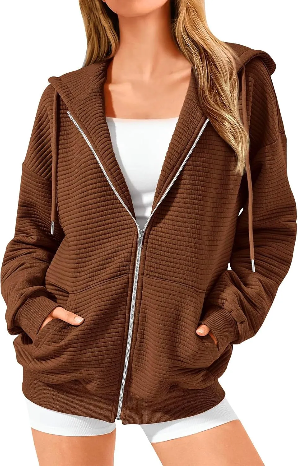 Womens Zip Up Hoodie Oversized Sweatshirt Waffle Knit Clothes Fall Fashion Long Sleeve Jacket With Pockets