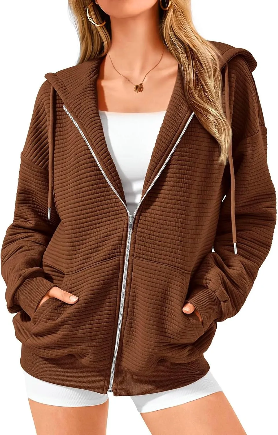 Womens Zip Up Hoodie Oversized Sweatshirt Waffle Knit Clothes Fall Fashion Long Sleeve Jacket With Pockets