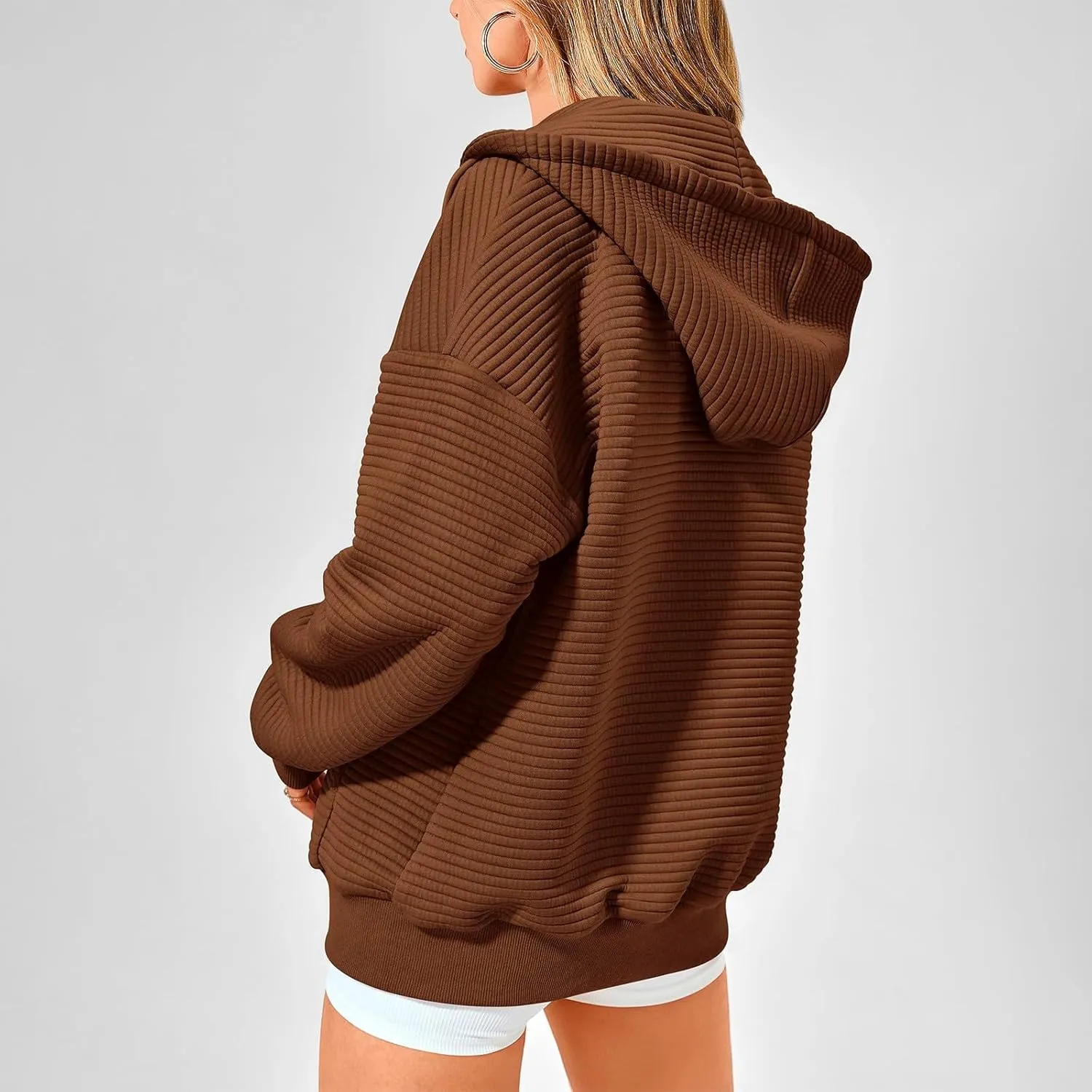 Womens Zip Up Hoodie Oversized Sweatshirt Waffle Knit Clothes Fall Fashion Long Sleeve Jacket With Pockets
