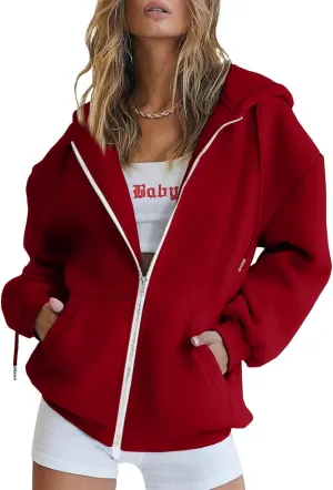 Womens Zip Up Hoodies Long Sleeve Fall Oversized Sweatshirts Casual Plain Fleece Jacket with Pockets Y2K Clothes Outwear