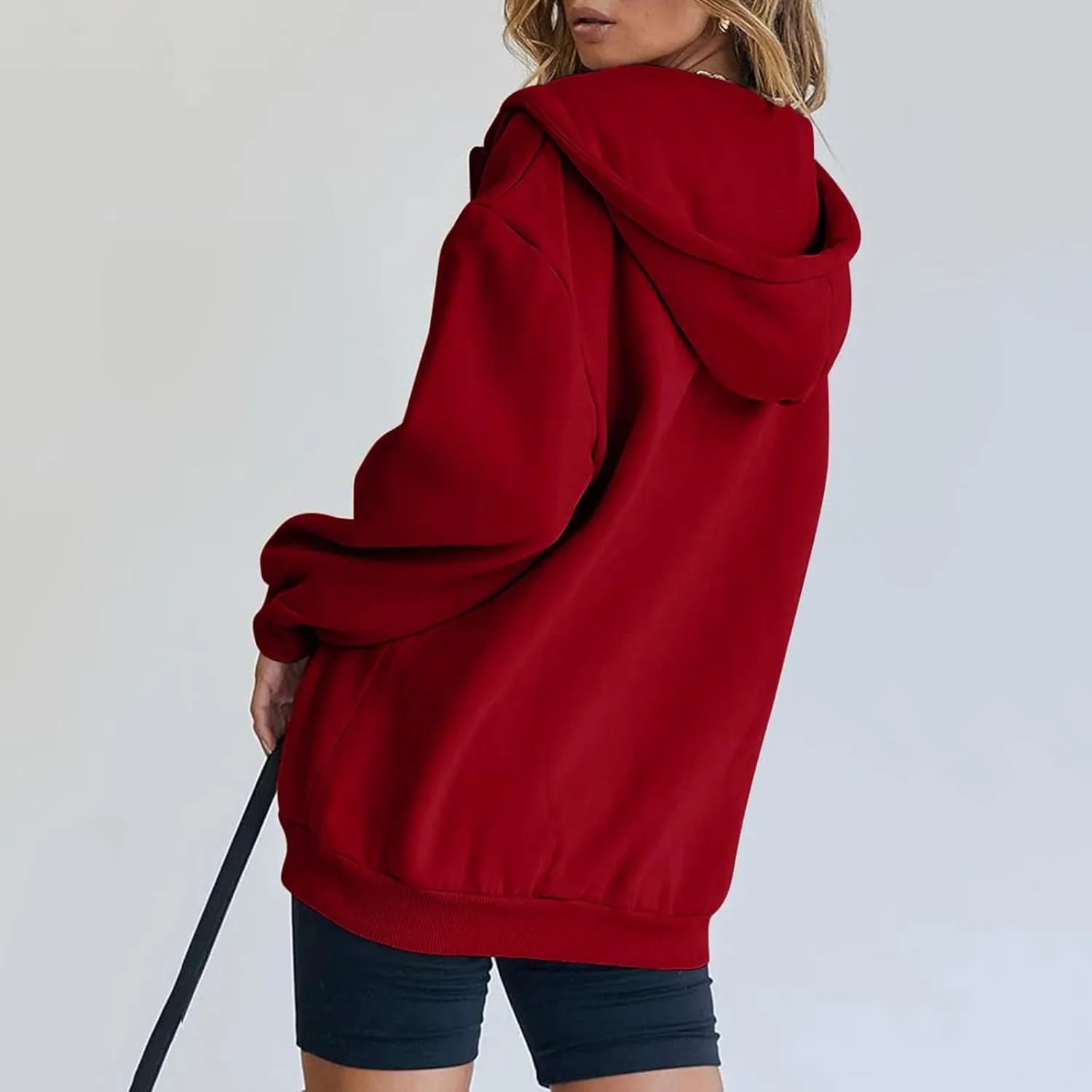 Womens Zip Up Hoodies Long Sleeve Fall Oversized Sweatshirts Casual Plain Fleece Jacket with Pockets Y2K Clothes Outwear