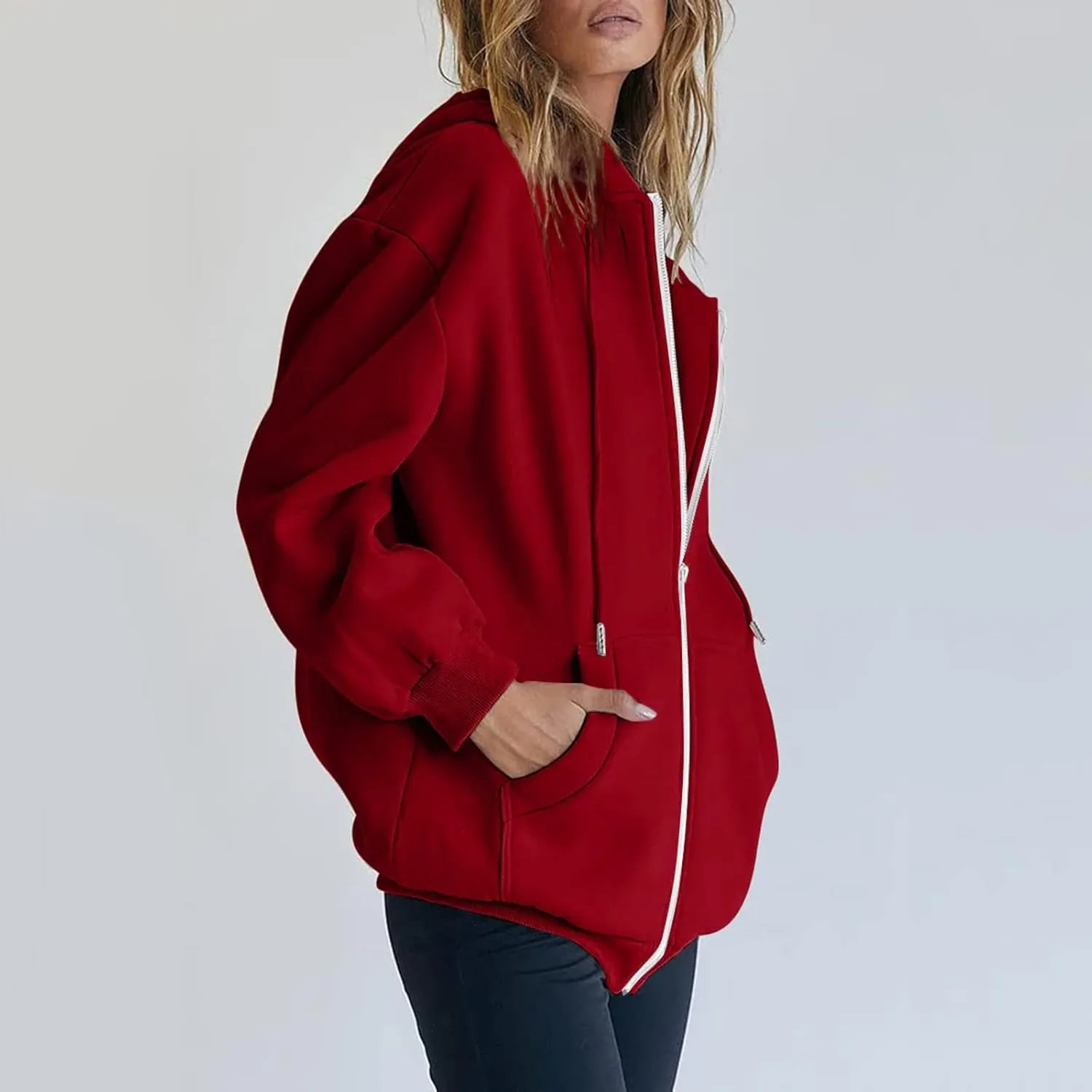 Womens Zip Up Hoodies Long Sleeve Fall Oversized Sweatshirts Casual Plain Fleece Jacket with Pockets Y2K Clothes Outwear