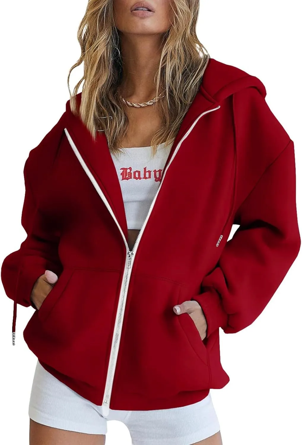 Womens Zip Up Hoodies Long Sleeve Fall Oversized Sweatshirts Casual Plain Fleece Jacket with Pockets Y2K Clothes Outwear