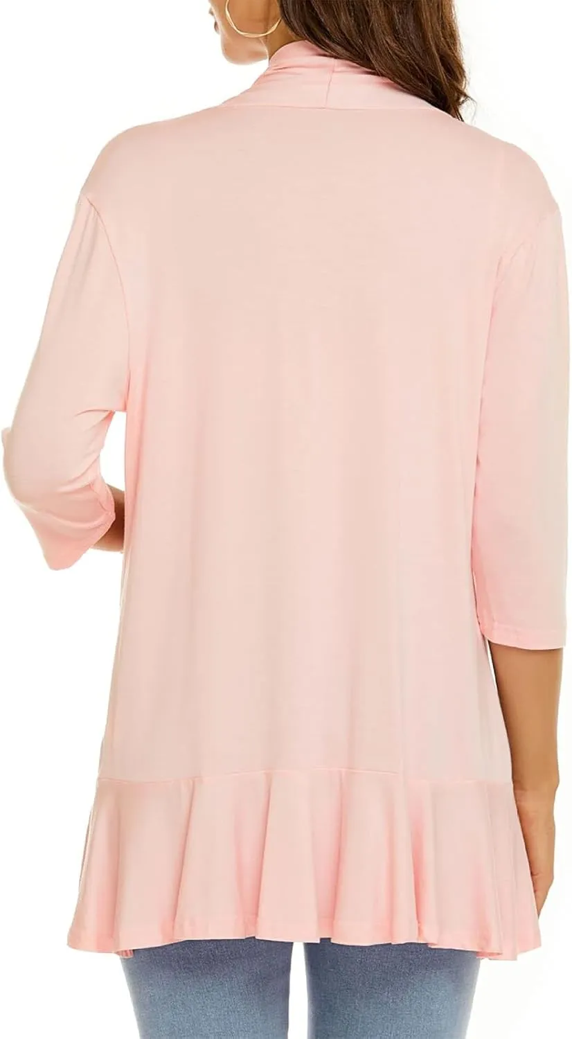 Wonderealy Lightweight Cardigans, Soft Draped Ruffles 3/4 Sleeve Cardigan, Women's Casual Lightweight Open Front Cardigans