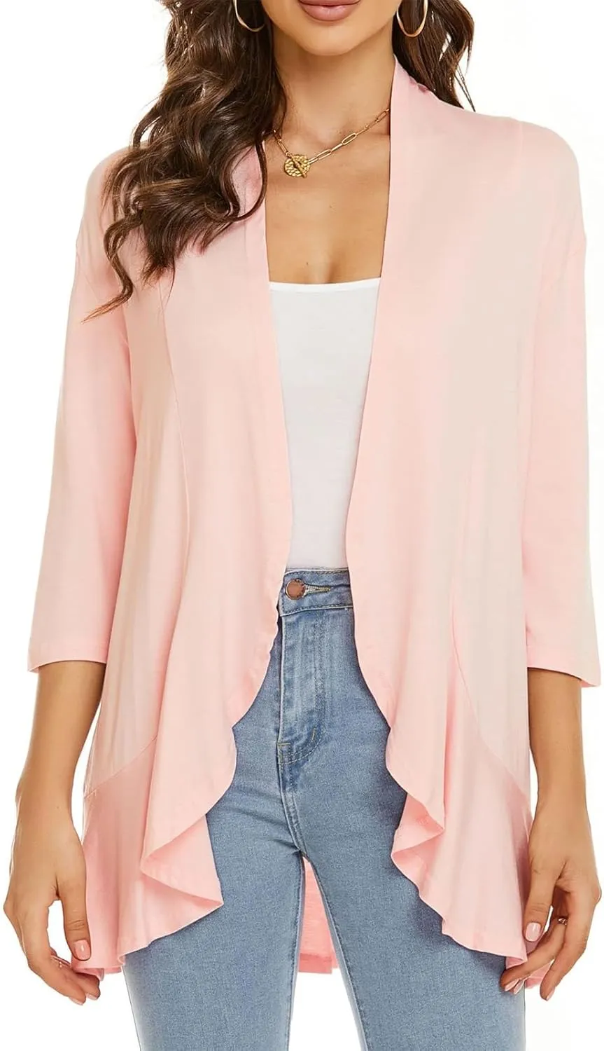 Wonderealy Lightweight Cardigans, Soft Draped Ruffles 3/4 Sleeve Cardigan, Women's Casual Lightweight Open Front Cardigans