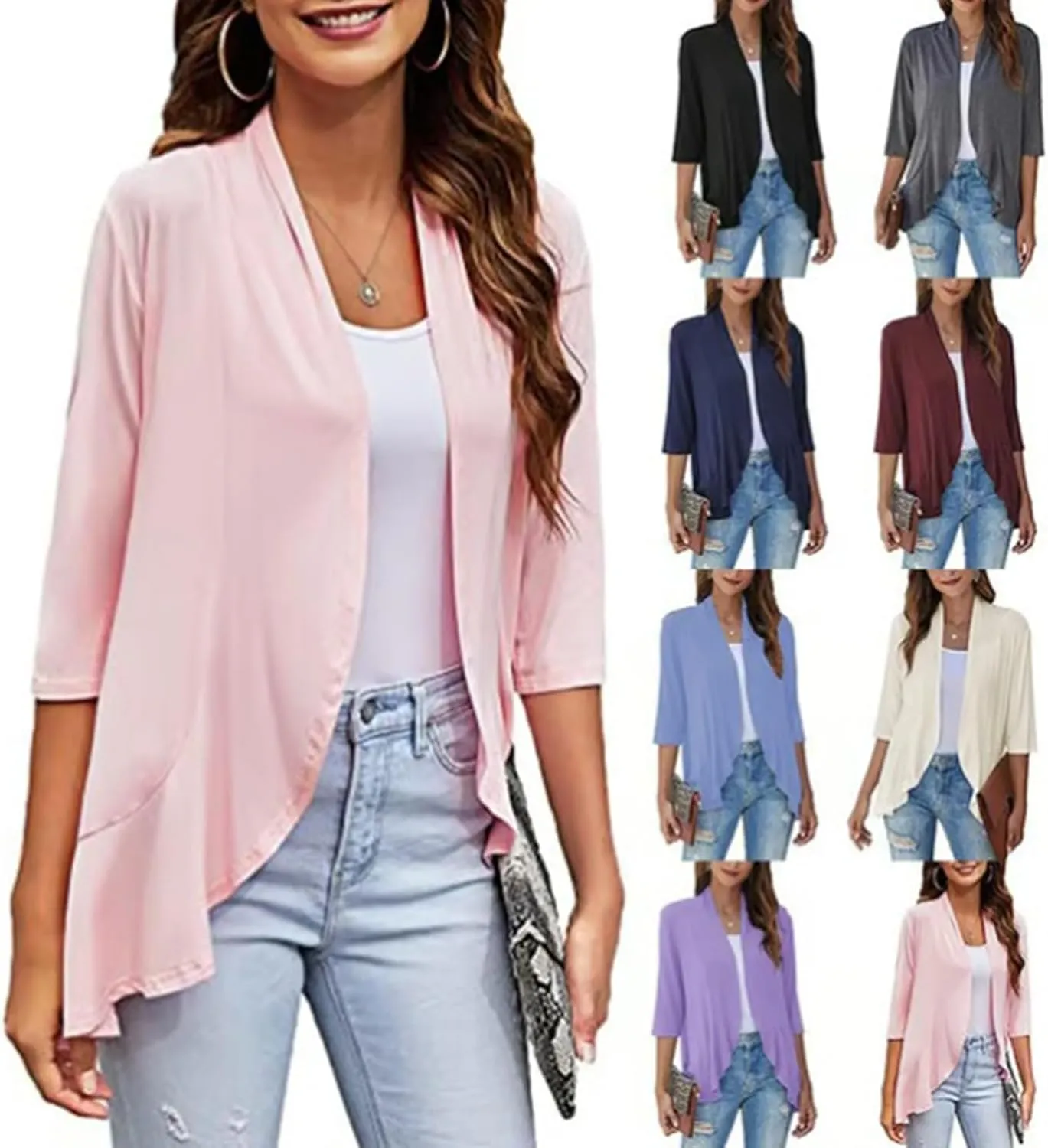 Wonderealy Lightweight Cardigans, Soft Draped Ruffles 3/4 Sleeve Cardigan, Women's Casual Lightweight Open Front Cardigans