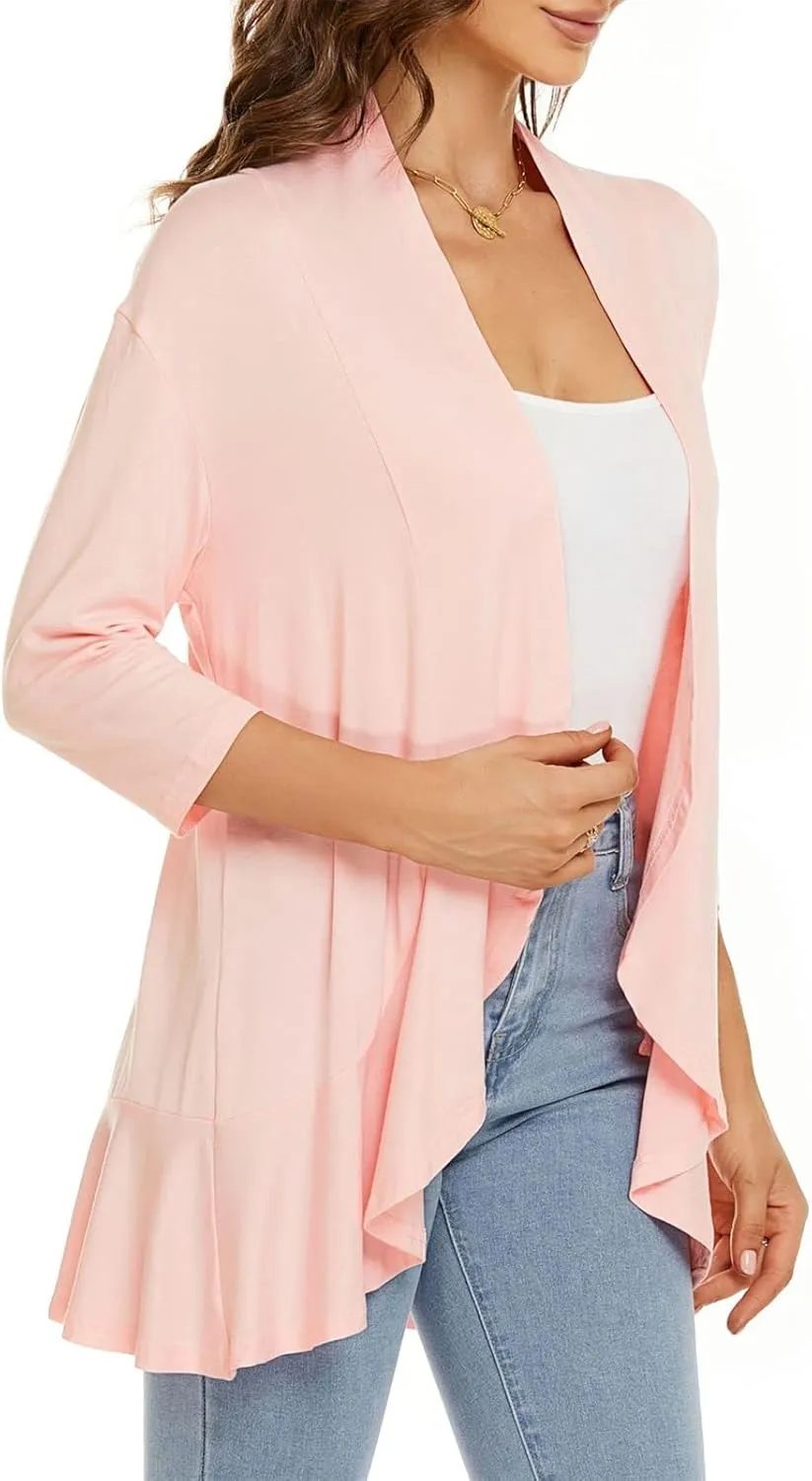 Wonderealy Lightweight Cardigans, Soft Draped Ruffles 3/4 Sleeve Cardigan, Women's Casual Lightweight Open Front Cardigans