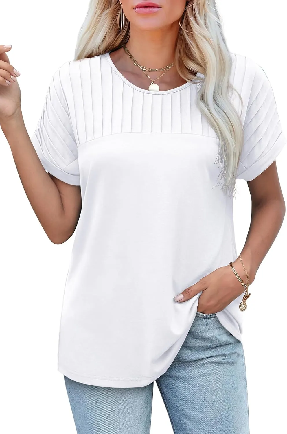 XIEERDUO Womens T Shirts Casual Summer Tops Pleated Crewneck Short Sleeve Blouses Trendy Beach Vacation Clothes