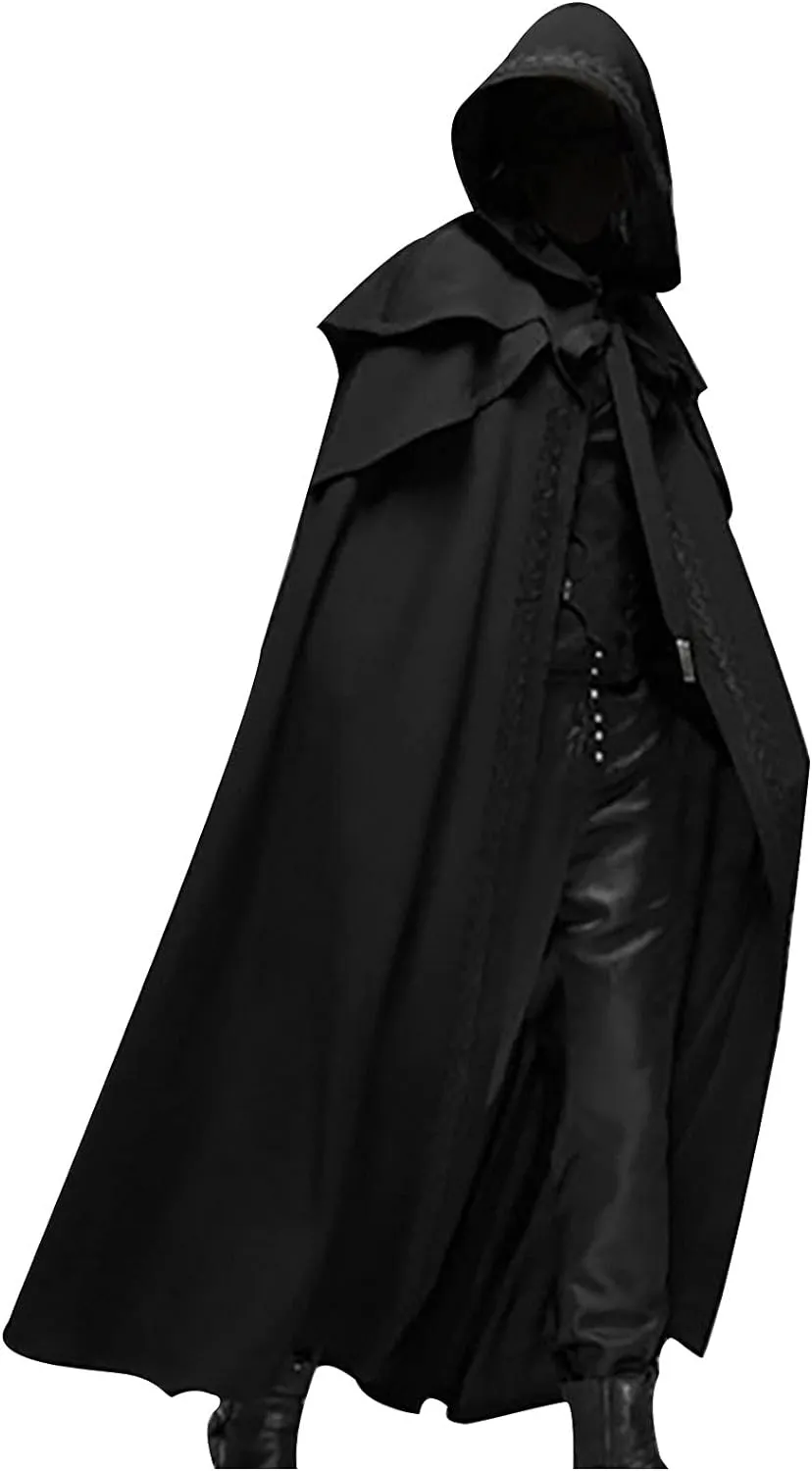 XUNRYAN Men's Renaissance Cloak Hooded Cardigan Long Cape Coat Retro Gothic Solid Cosplay Party Outfit Halloween Costume