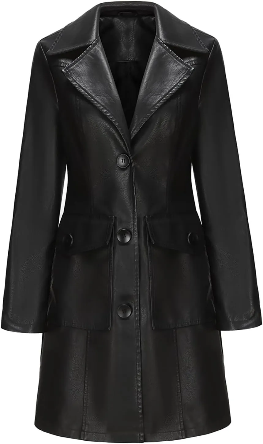 XUNRYAN Women Faux-Leather Jackets Long Trench Coat Elegant Notch Lapel Peacoat Motorcycle PU Moto Biker Slim Fit Coat