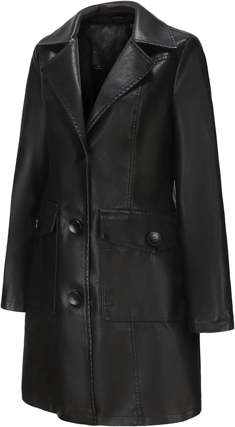 XUNRYAN Women Faux-Leather Jackets Long Trench Coat Elegant Notch Lapel Peacoat Motorcycle PU Moto Biker Slim Fit Coat