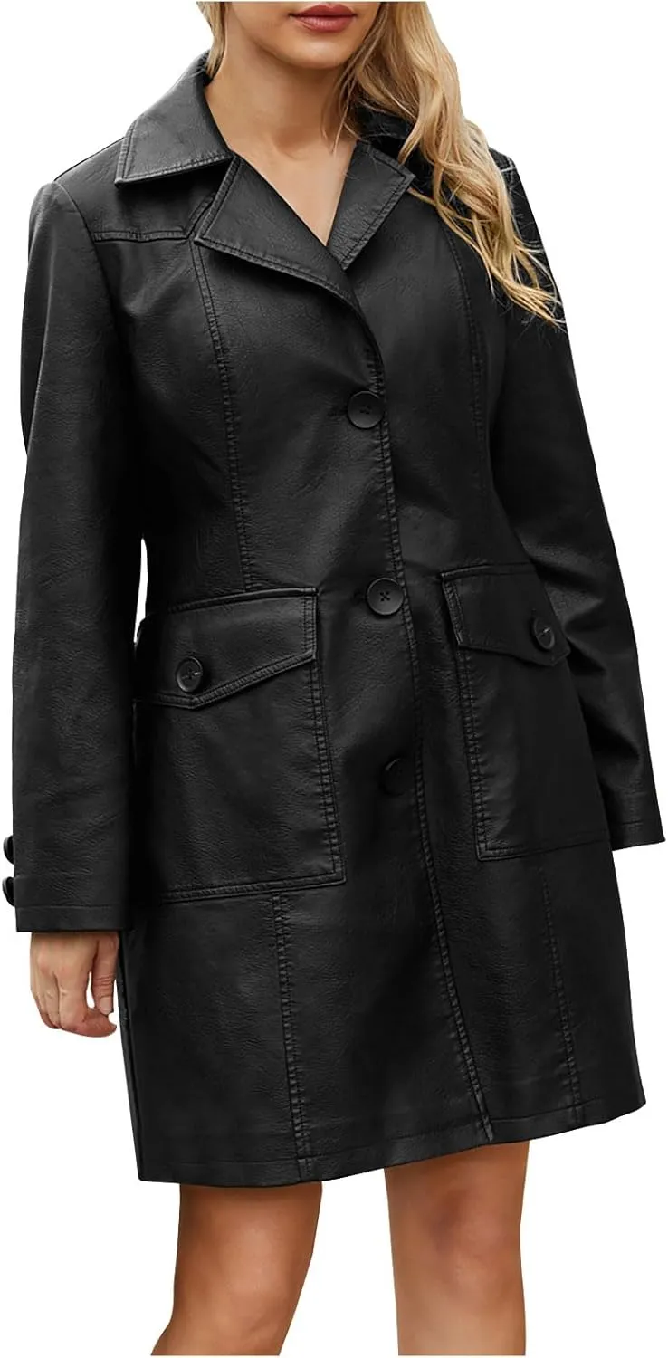 XUNRYAN Women Faux-Leather Jackets Long Trench Coat Elegant Notch Lapel Peacoat Motorcycle PU Moto Biker Slim Fit Coat