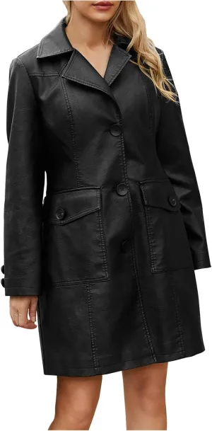 XUNRYAN Women Faux-Leather Jackets Long Trench Coat Elegant Notch Lapel Peacoat Motorcycle PU Moto Biker Slim Fit Coat