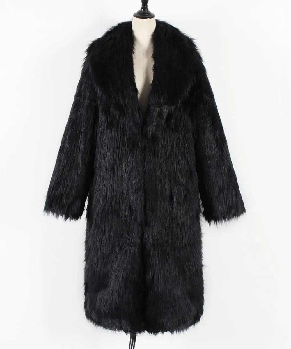XUNRYAN Women Shaggy Winter Warm Faux-Fur Coat Maxi Long Fleece Plush Jackets Notch Lapel Cardigan Trench Coats Outerwear