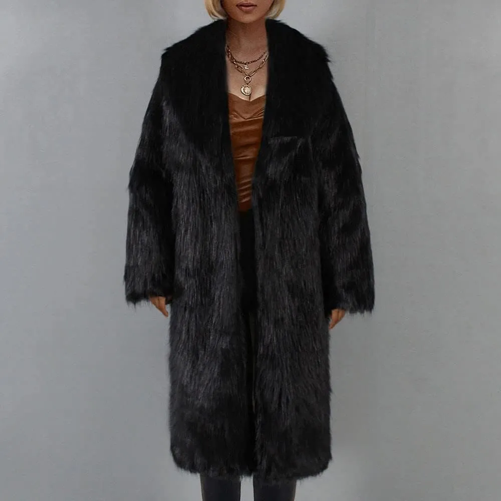 XUNRYAN Women Shaggy Winter Warm Faux-Fur Coat Maxi Long Fleece Plush Jackets Notch Lapel Cardigan Trench Coats Outerwear