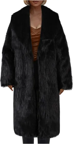 XUNRYAN Women Shaggy Winter Warm Faux-Fur Coat Maxi Long Fleece Plush Jackets Notch Lapel Cardigan Trench Coats Outerwear