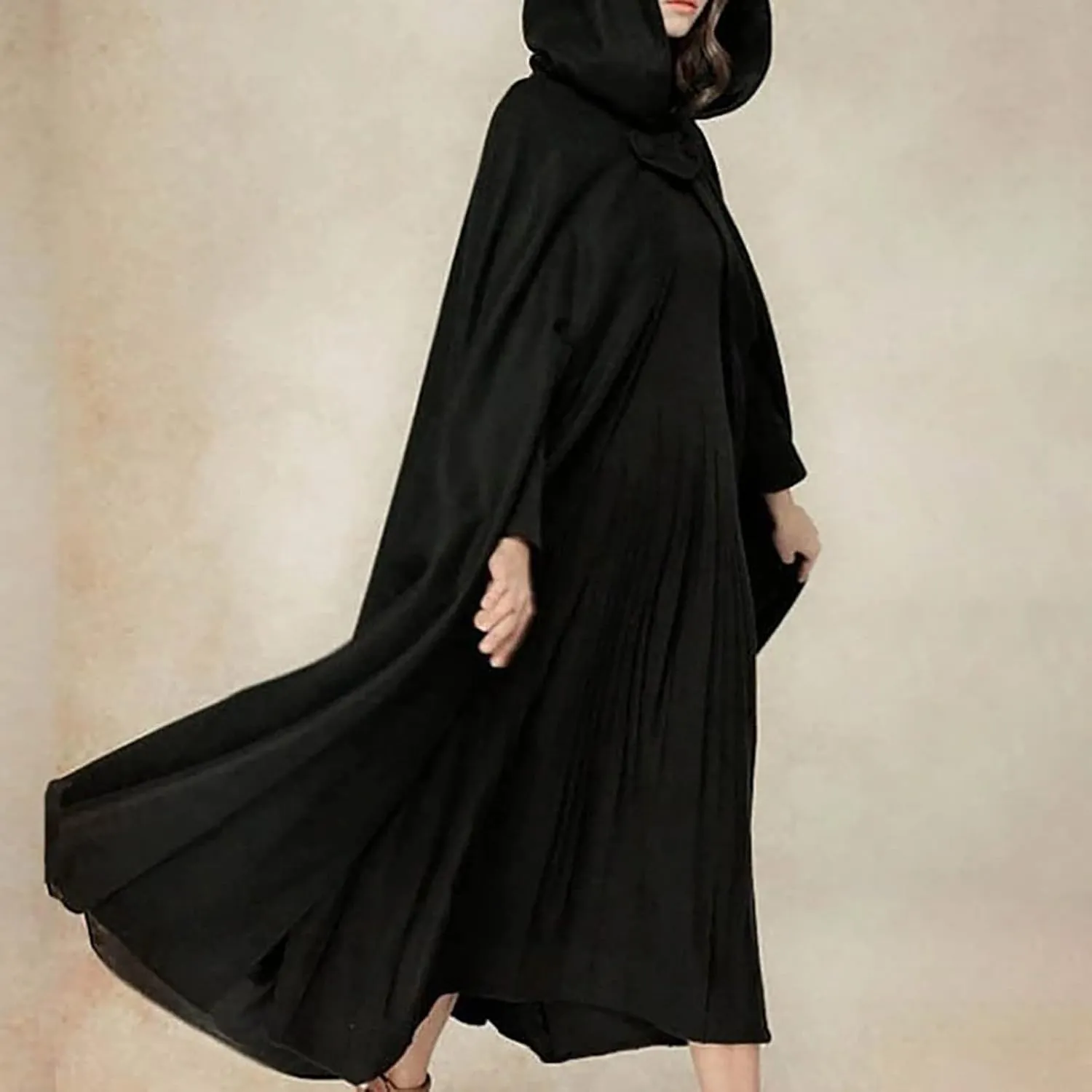 XUNRYAN Women's Wool Blend Capes Hooded Cloak Outwear Poncho Open Front Cardigan Autumn Winter Maxi Long Trench Coat