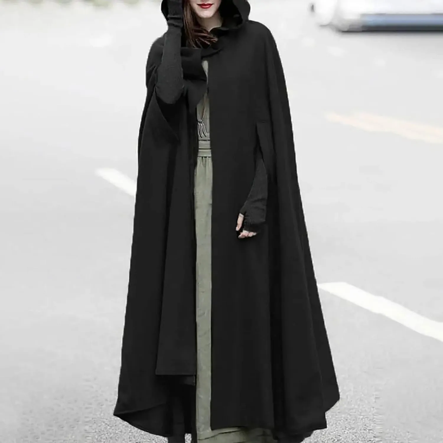 XUNRYAN Women's Wool Blend Capes Hooded Cloak Outwear Poncho Open Front Cardigan Autumn Winter Maxi Long Trench Coat