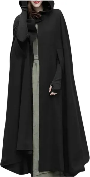 XUNRYAN Women's Wool Blend Capes Hooded Cloak Outwear Poncho Open Front Cardigan Autumn Winter Maxi Long Trench Coat