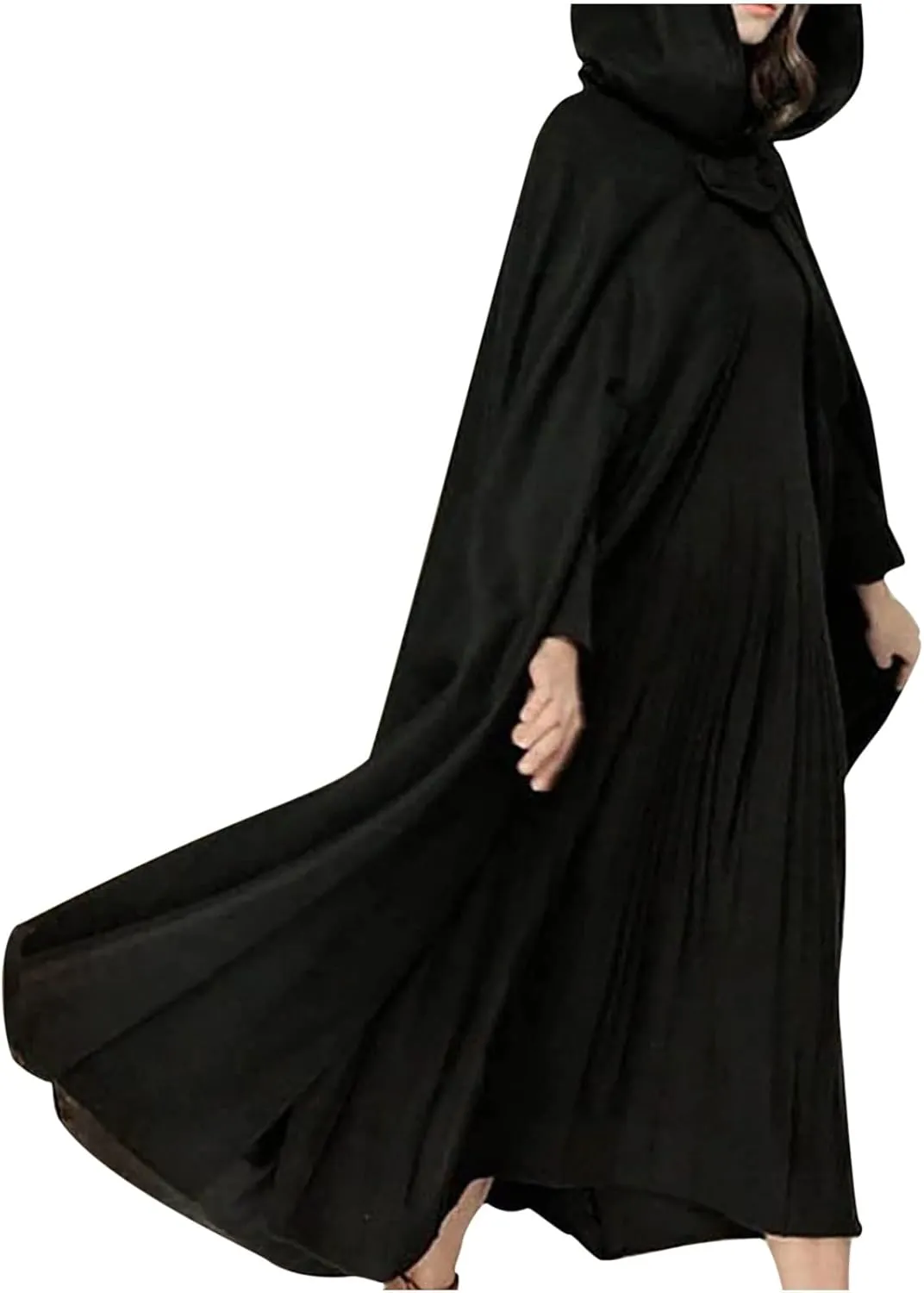 XUNRYAN Women's Wool Blend Capes Hooded Cloak Outwear Poncho Open Front Cardigan Autumn Winter Maxi Long Trench Coat