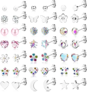 YADOCA 21Pairs Hypoallergenic Surgical Steel Stud Earrings For Women Girls Tiny Cute CZ Pearl Heart Moon Star Butterfly Flower Earrings Studs Set Piercing Jewelry Gift