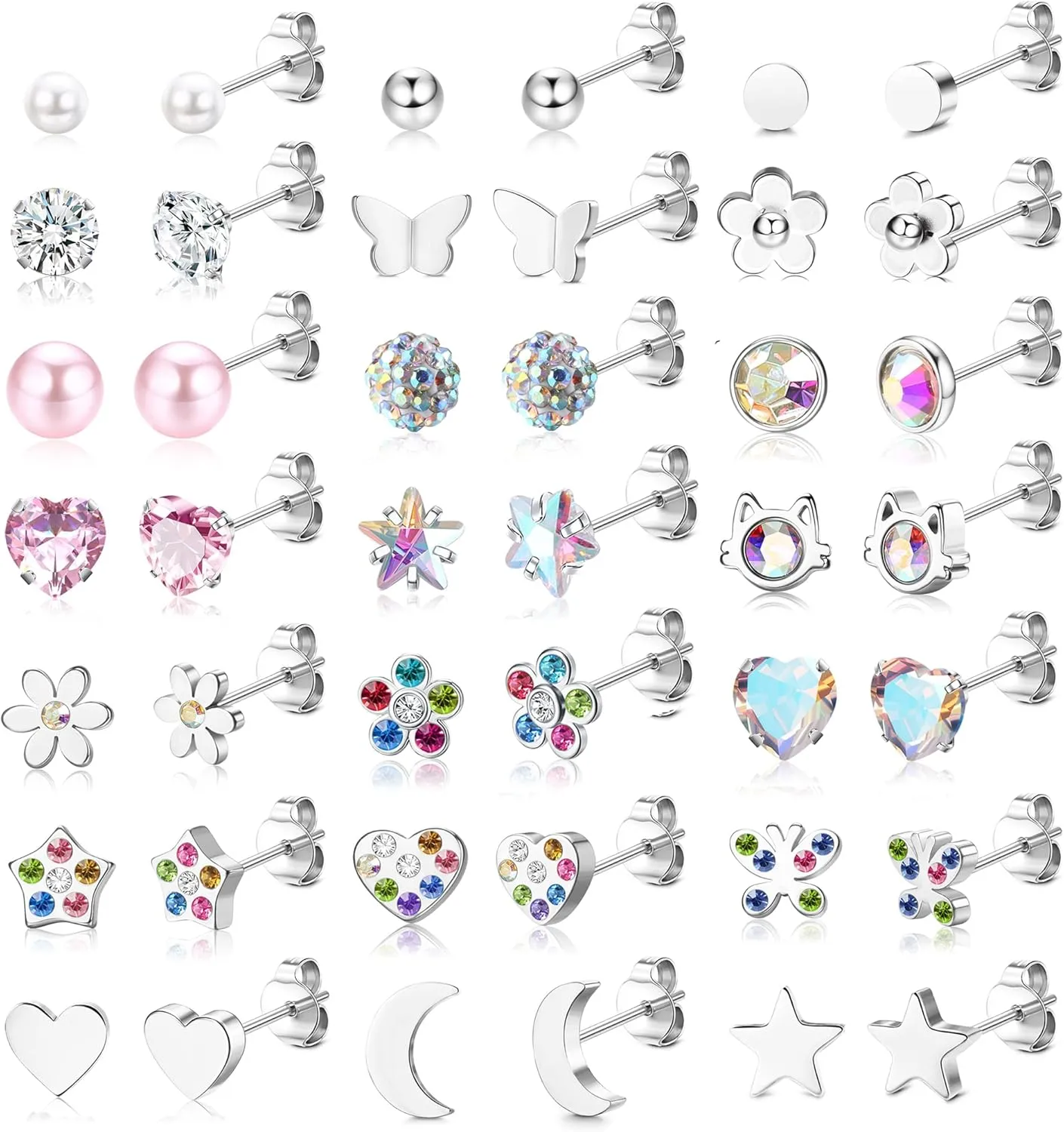 YADOCA 21Pairs Hypoallergenic Surgical Steel Stud Earrings For Women Girls Tiny Cute CZ Pearl Heart Moon Star Butterfly Flower Earrings Studs Set Piercing Jewelry Gift