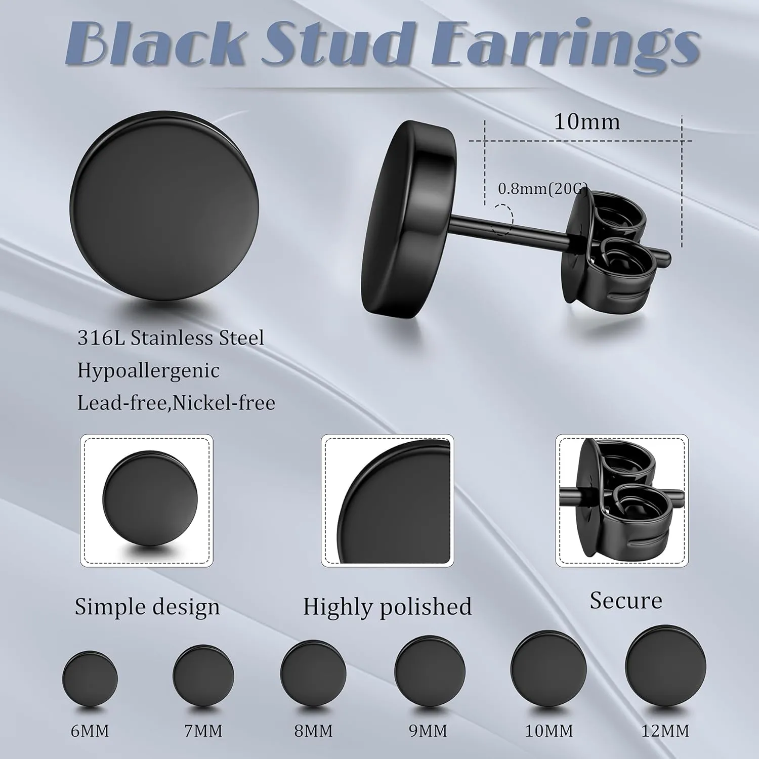 YADOCA 6 Pairs Black Stud Earrings for Men Women Hypoallergenic 316L Surgical Stainless Steel Round Dot CZ Ball Black Earrings Studs Set 3-12 MM