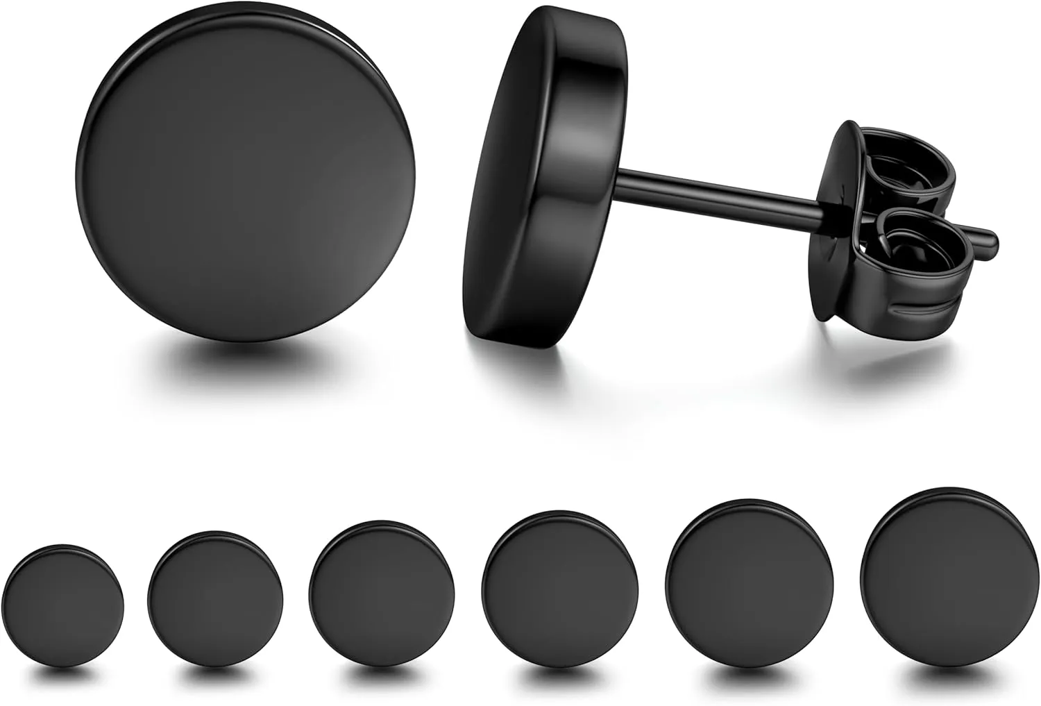 YADOCA 6 Pairs Black Stud Earrings for Men Women Hypoallergenic 316L Surgical Stainless Steel Round Dot CZ Ball Black Earrings Studs Set 3-12 MM