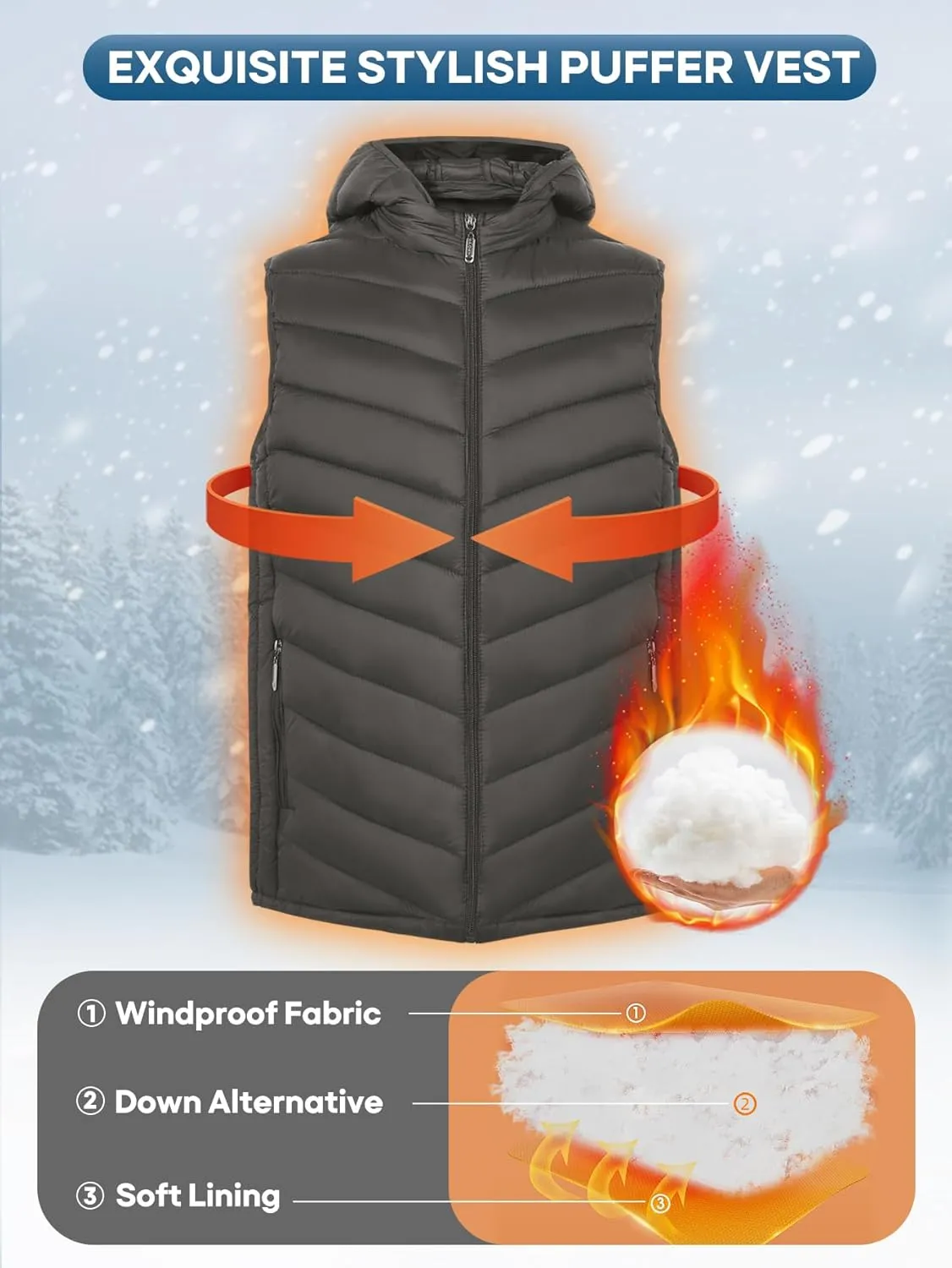 YKR Mens Puffer Vest Lightweight Winter Hooded Puffy Outerwear Vests Quilted Gilet with Pockets