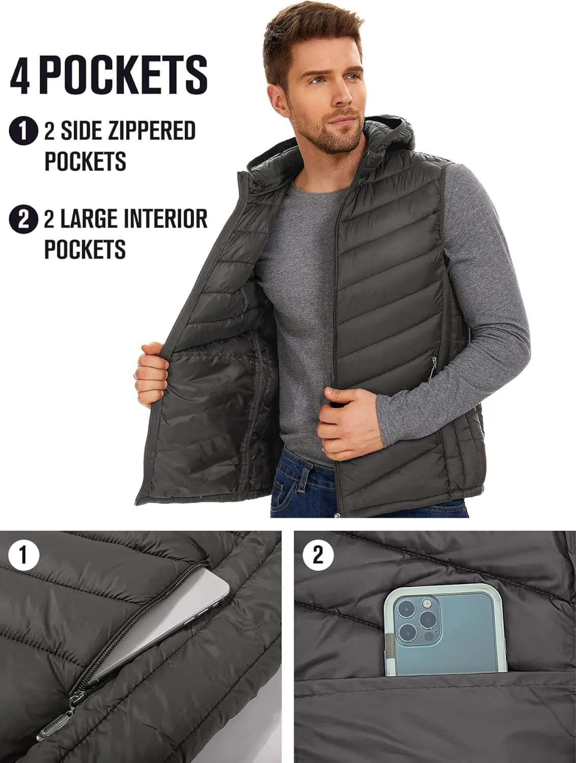 YKR Mens Puffer Vest Lightweight Winter Hooded Puffy Outerwear Vests Quilted Gilet with Pockets