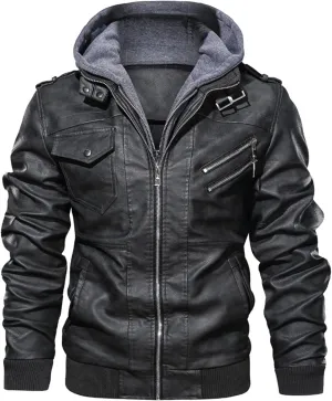 Ymosrh Men's Leather Bomber Jackets Casual Motorcycle Jacket Faux with Hood Jacket, M-3XL
