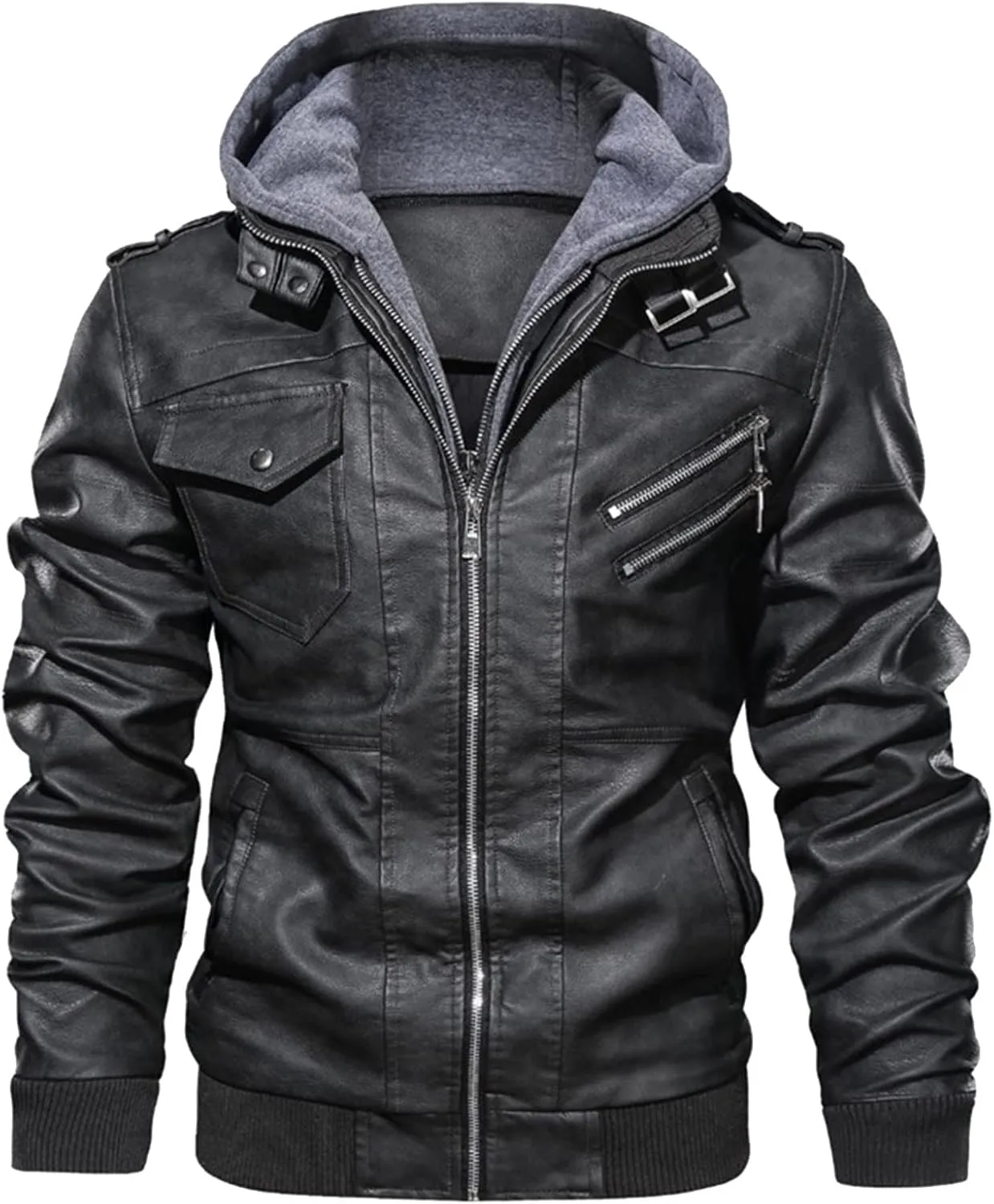 Ymosrh Men's Leather Bomber Jackets Casual Motorcycle Jacket Faux with Hood Jacket, M-3XL