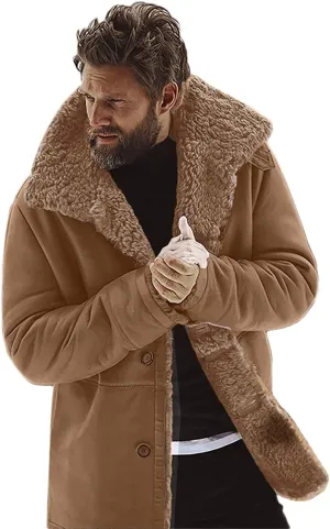 Ymosrh Mens Leather Jacket Winter Sheepskin Jacket Warm Wool Lined Mountain Faux Lamb Jackets Coat Flannel Jacket