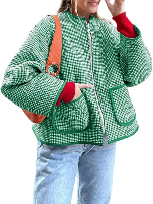 Yousify Womens Jackets Fall Fashion 2024 Crew Neck Quilted Plaid Jacket Full Zipper Coats S-2XL