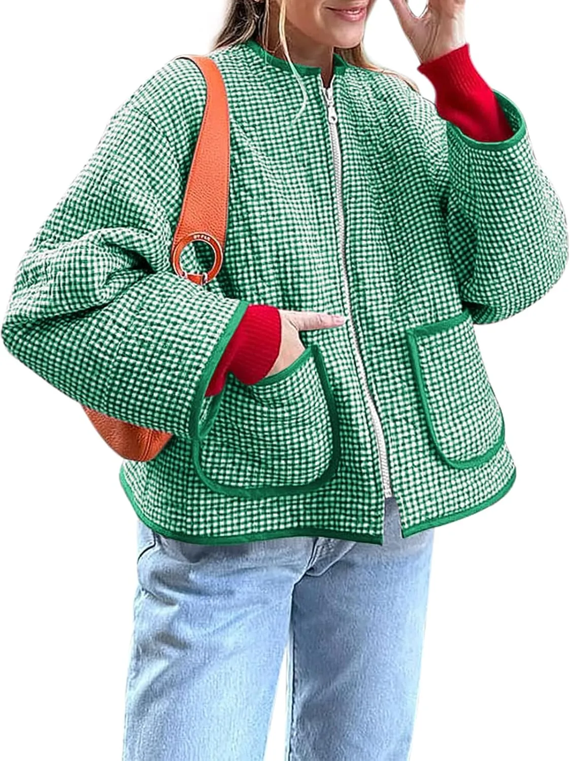 Yousify Womens Jackets Fall Fashion 2024 Crew Neck Quilted Plaid Jacket Full Zipper Coats S-2XL
