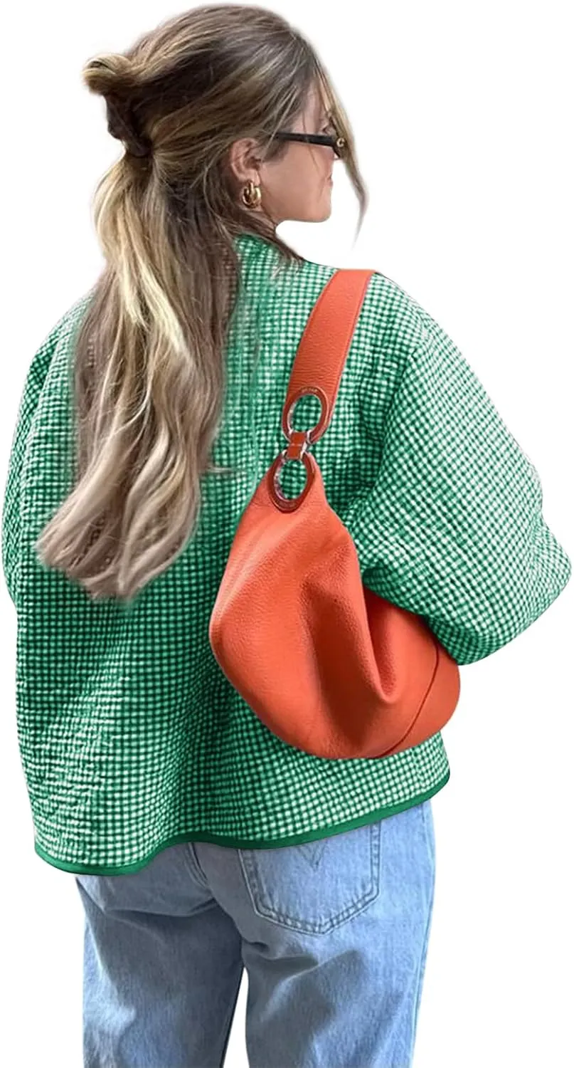 Yousify Womens Jackets Fall Fashion 2024 Crew Neck Quilted Plaid Jacket Full Zipper Coats S-2XL