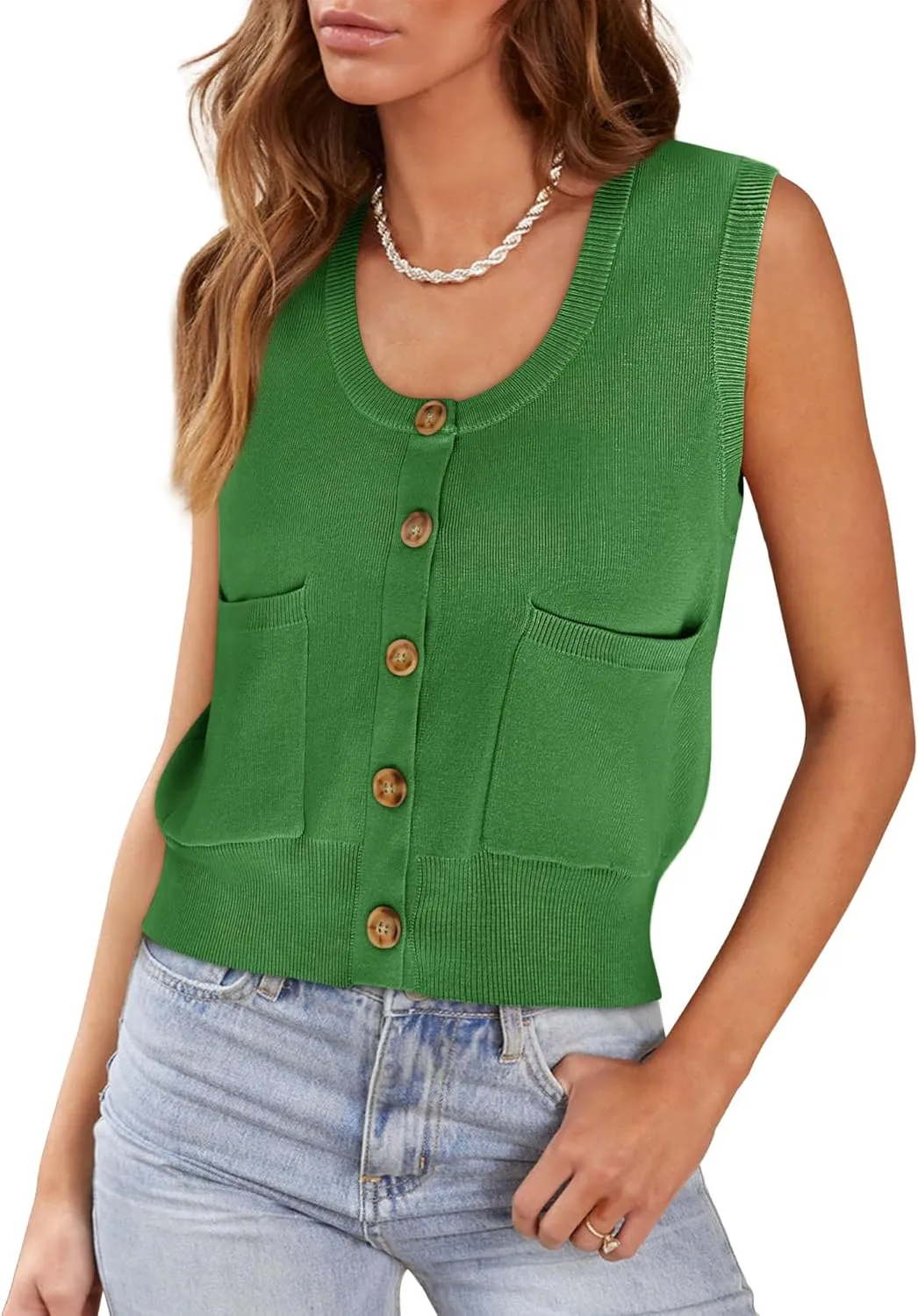Yousify Womens Sweater Vest Summer Ribbed Tank Tops Sleeveless Button Down Shirts Scoop Neck Top for Women