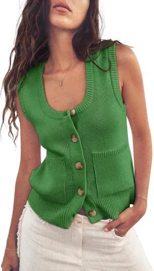 Yousify Womens Sweater Vest Summer Ribbed Tank Tops Sleeveless Button Down Shirts Scoop Neck Top for Women
