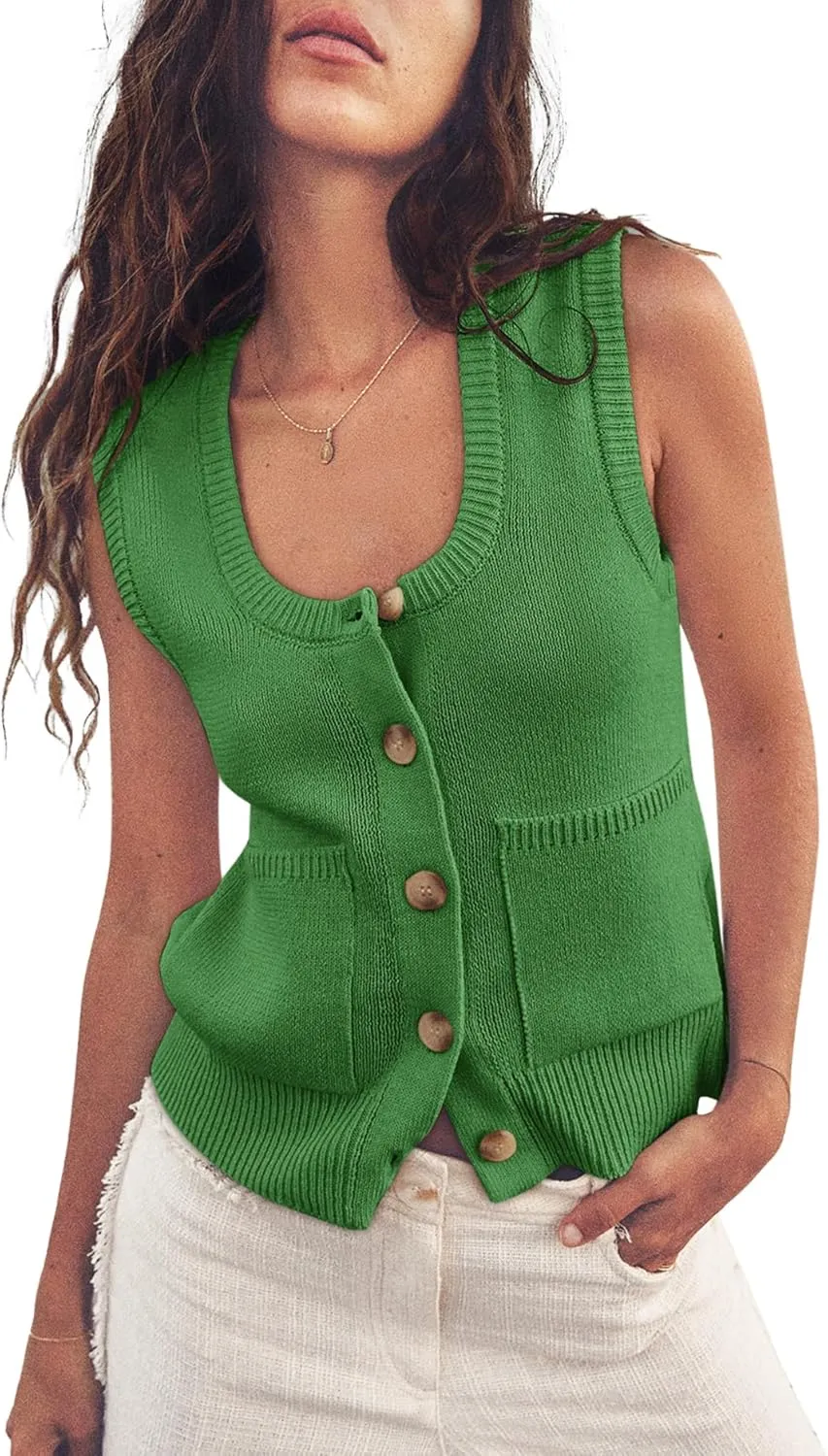 Yousify Womens Sweater Vest Summer Ribbed Tank Tops Sleeveless Button Down Shirts Scoop Neck Top for Women