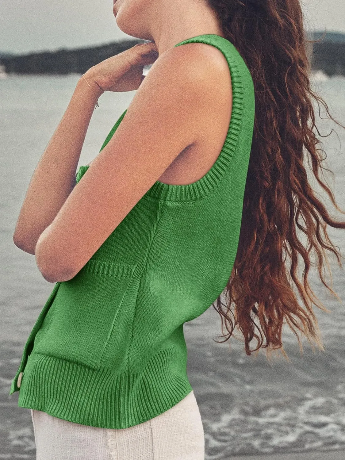 Yousify Womens Sweater Vest Summer Ribbed Tank Tops Sleeveless Button Down Shirts Scoop Neck Top for Women