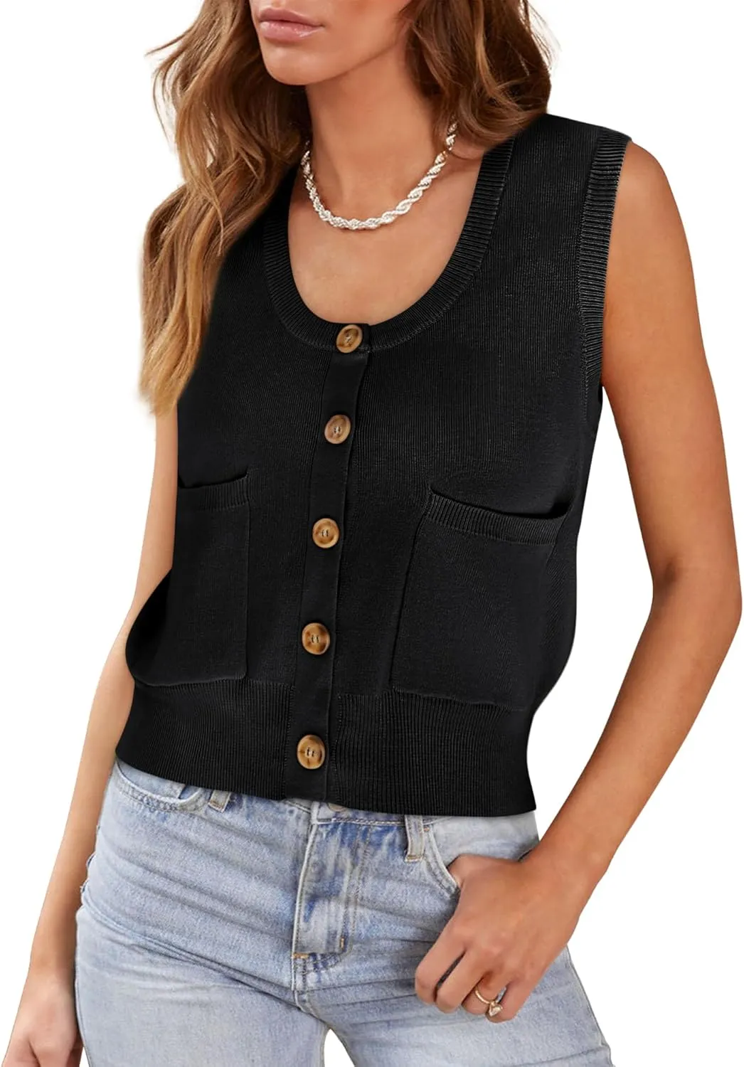 Yousify Womens Sweater Vest Summer Ribbed Tank Tops Sleeveless Button Down Shirts Scoop Neck Top for Women