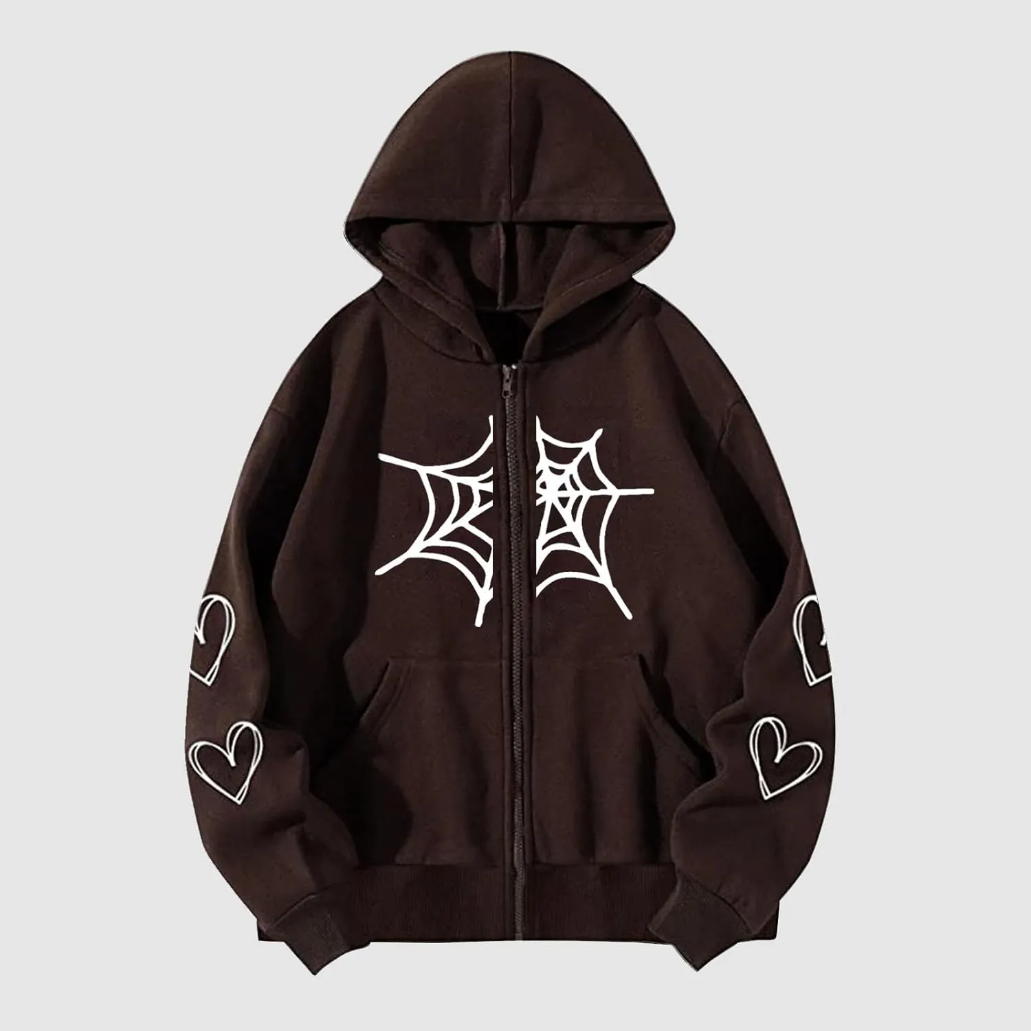 YRAETENM Oversized Y2k Zip up Hoodie for Women Men Gothic Spider Web Heart Graphic Sweatshirt Casual Lightweight Baggy Coats