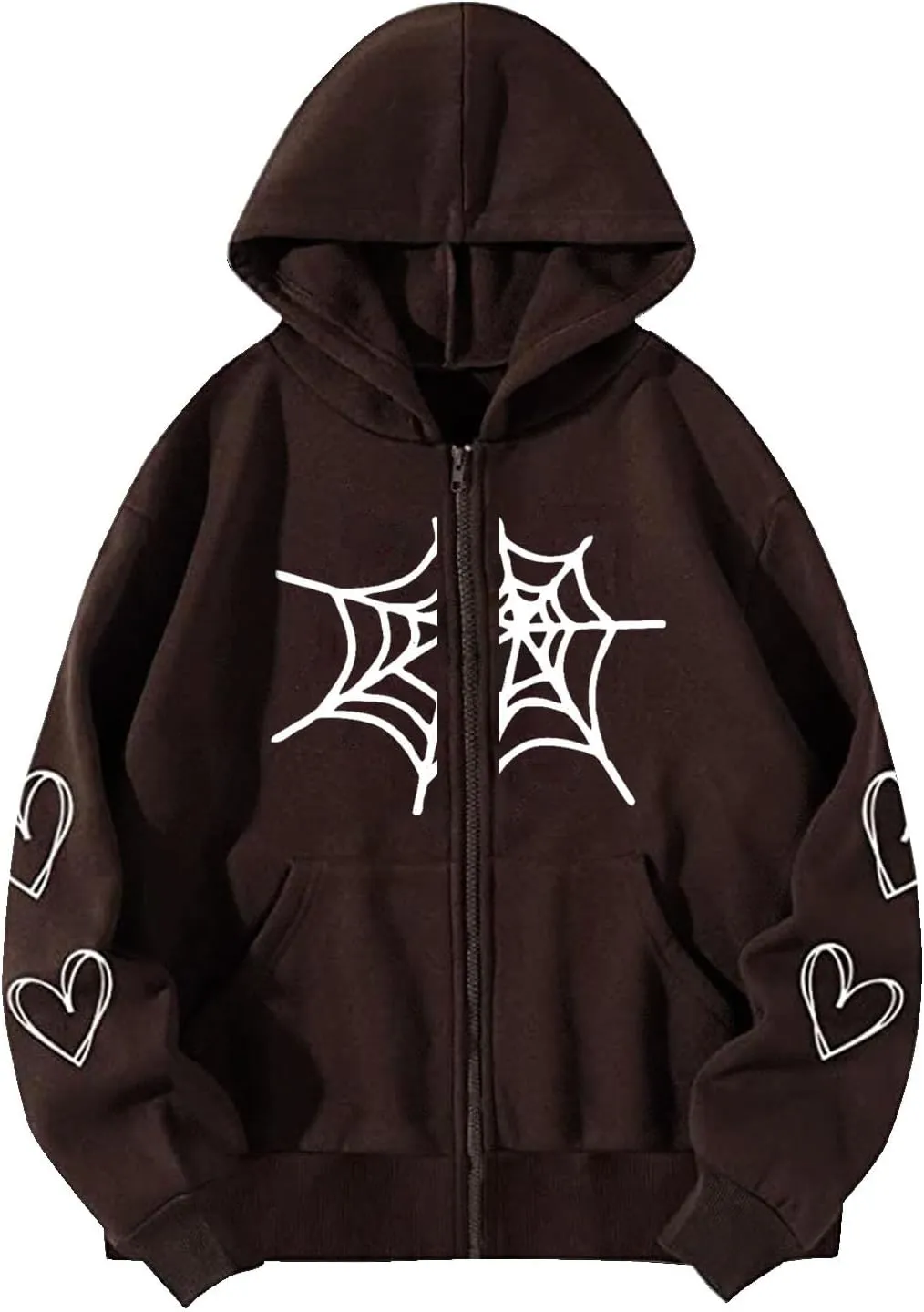 YRAETENM Oversized Y2k Zip up Hoodie for Women Men Gothic Spider Web Heart Graphic Sweatshirt Casual Lightweight Baggy Coats